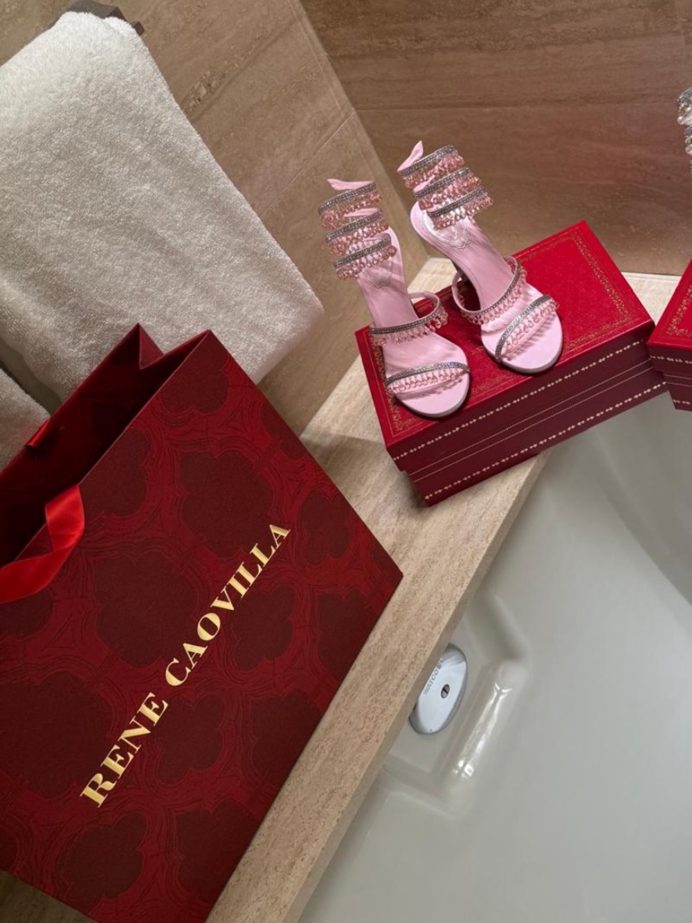 Rene Caovilla Pink and White Strappy Heels